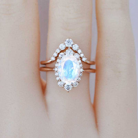 3 Carat Oval Genuine moonstone Halo Engagement Ring, Promise Ring For Her,  Genuine moonstone Wedding Ring, 14K Gold Oval Genuine moonstone Engagement Ring Set