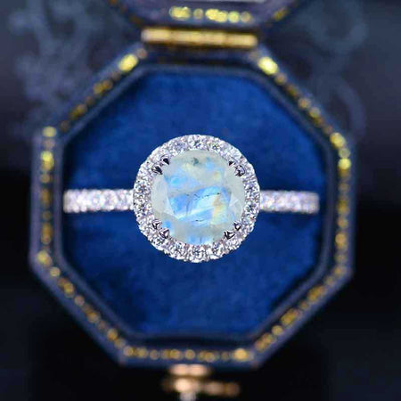 2 Carat Genuine moonstone Halo Gold Engagement Promissory Ring