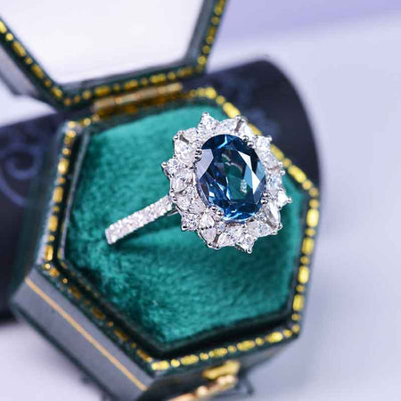 2 Carat Oval Teal Sapphire Halo Vintage 14K White Gold Engagement Ring