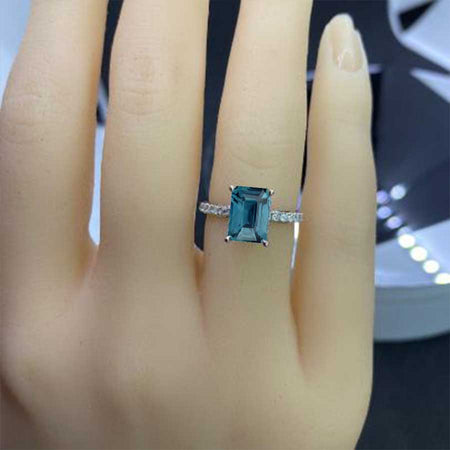 Luxury 3 Carat Radiant Cut Teal Sapphire Hidden Halo Engagement 14K White Gold Ring