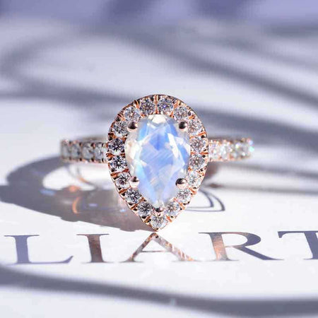 Genuine moonstone Pear Cut Halo Moissanite Ring 14K Rose Gold Halo Ring