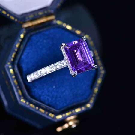 3Ct Champagne Purple Sapphire Engagement Ring, Solitaire Emerald Cut Purple Sapphire Engagement Ring, Purple Sapphire Pave Accents Stones Hidden Halo