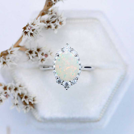 14K White Gold 3 Carat Oval White Opal Halo Engagement Ring