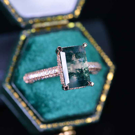 4ct Emerald Cut Genuine Moss Agate Engagement Ring