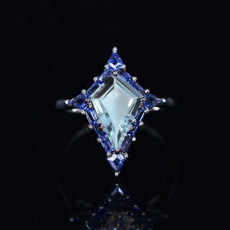 2.5 Carat Kite Natural Aquamarine Halo Sapphire Engagement Ring. 2.5CT Fancy Shape Natural Aquamarine Ring