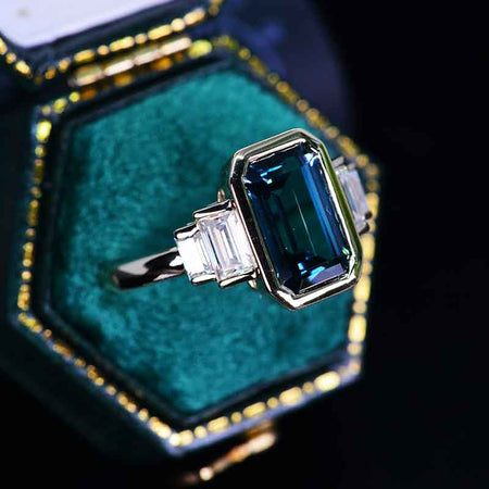 3 Carat Teal Sapphire Emerald Cut Bezel Set Teal Sapphire Five-Stone  Engagement Ring