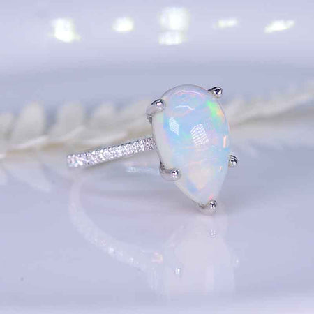 8 Carat Pear Genuine Natural White Opal 14K White Gold Engagement Ring