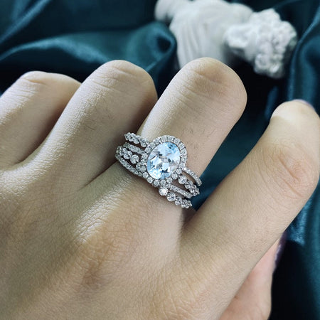 2Ct Genuine Natural Aquamarine Halo Engagement Vintage Ring, Oval Shape Cut Genuine Natural Aquamarine Engagement Ring, Accents Stones 14K White Cluster Gold Ring