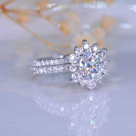 2 Carat Round Moissanite Snowflake Halo Engagement Ring. Victorian 14K White Gold Ring