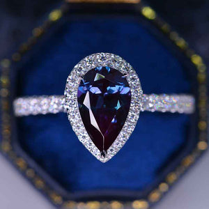 14K Solid White Gold 3 Carat Halo Pear Cut Alexandrite Unique Ring