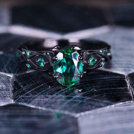 14K Black Gold Oval Emerald Celtic Engagement Ring