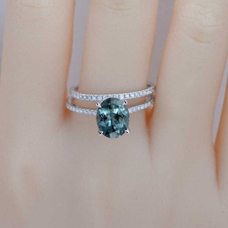 3 Carat Oval Teal Sapphire Hidden Halo Engagement Ring Set