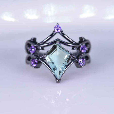 2.5 Carat Kite Genuine Natural Aquamarine Engagement Ring. 2.5CT Fancy Shield Shape Amethyst Black Gold Ring