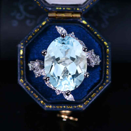 10 Carat Oval Genuine Natural Aquamarine Floral Platinum Engagement Ring