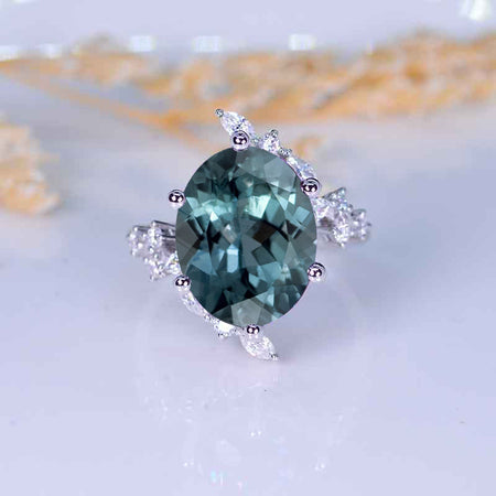 10 Carat Oval Teal Sapphire Floral Platinum Engagement Ring