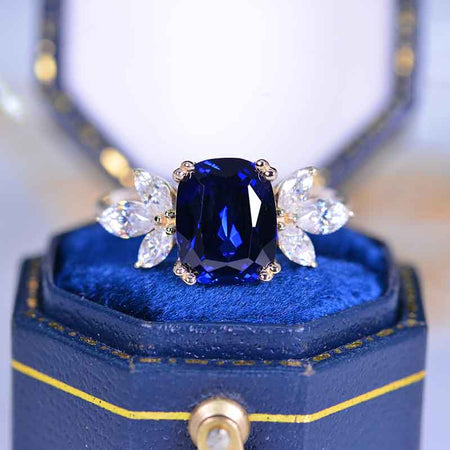 2Ct Cushion Cut Royal Blue Sapphire Vintage Engagement Ring, Cushion Sapphire Engagement Ring, Marquise Side Accents Stones 14K Rose Gold Ring