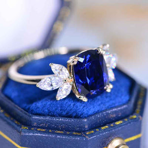 2Ct Cushion Cut Royal Blue Sapphire Vintage Engagement Ring, Cushion Sapphire Engagement Ring, Marquise Side Accents Stones 14K Rose Gold Ring