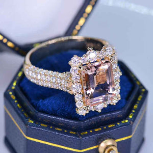 3Ct Natural Morganite Engagement Ring. Halo Emerald Cut Genuine Morganite 14K Rose Gold Engagement Ring