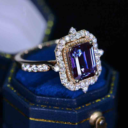 3Ct Emerald Cut Halo Alexandrite Ring, Alexandrite Ring, Alexandrite Emerald Cut Vintage Style Ring