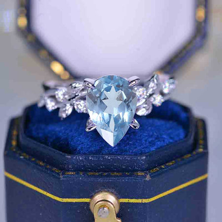 3 Carat Pear Cut Genuine Natural Aquamarine Floral Gold Floral Engagement Ring