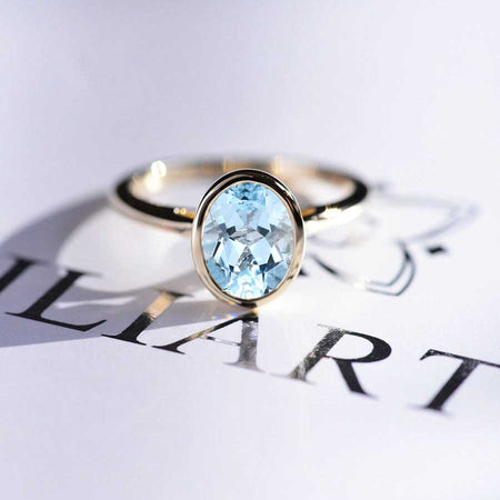 3 Carat Oval Giliarto Genuine Natural Aquamarine Bezel Set Yellow Gold Engagement Ring