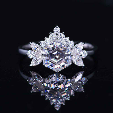 3 Carat Hexagon Moissanite Cluster Halo 14K White Gold Engagement Ring