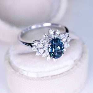 14K White Gold 1.5 Carat Oval Teal Sapphire Snowflake Halo Engagement Ring