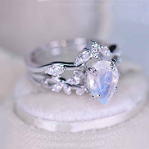 1.5 Carat Pear Genuine Moonstone Halo Floral Engagement 14K White Gold  Ring Eternity Ring Set