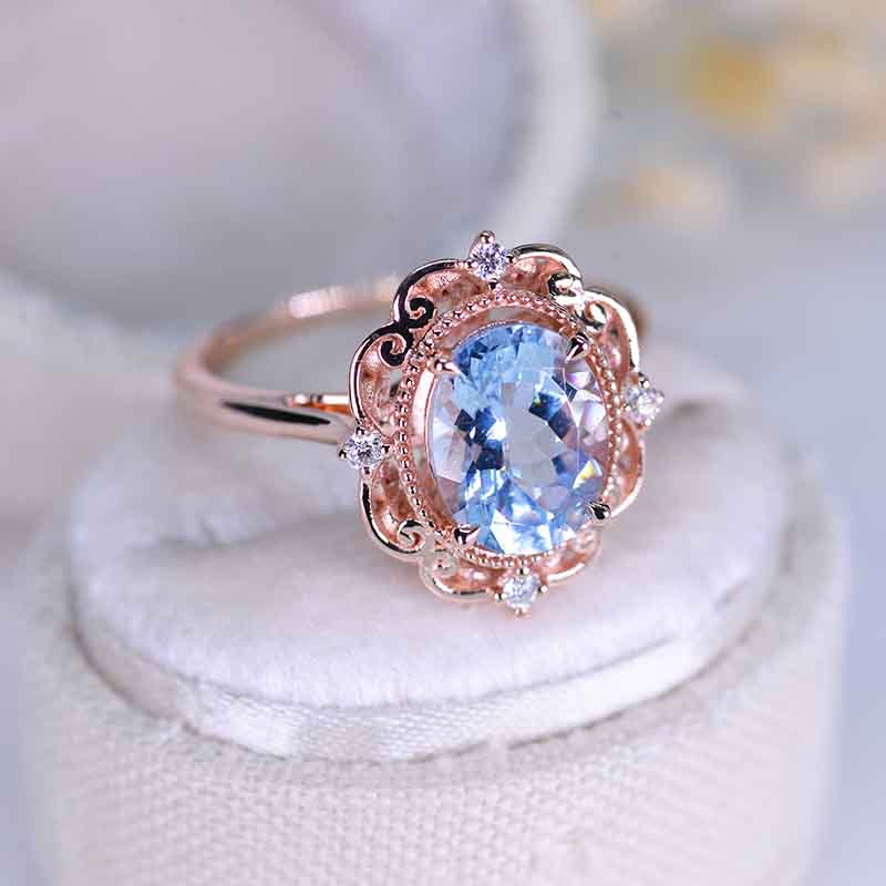 Aquamarine Engagement Ring Vintage Rose Gold Aquamarine Bridal Ring Set Art Deco popular Curved Matching Band Anniversary Gift For Her, SLJ