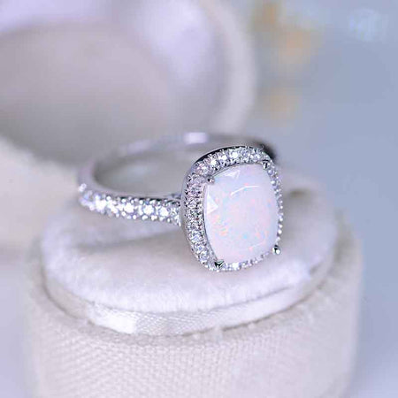 2.5Ct Cushion Genuine Natural White Opal 14K White Engagement Ring, Cushion Halo Engagement Ring