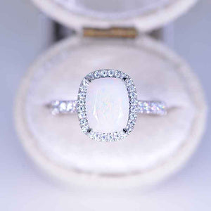 2.5Ct Cushion Genuine Natural White Opal 14K White Engagement Ring, Cushion Halo Engagement Ring