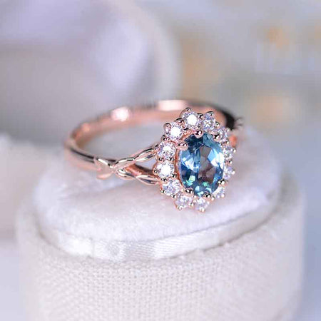 1 Carat Oval Cut Vintage Rose Teal Sapphire Ring, Rose Gold Floral Unique Oval Halo Ring