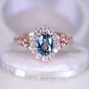 1 Carat Oval Cut Vintage Rose Teal Sapphire Ring, Rose Gold Floral Unique Oval Halo Ring