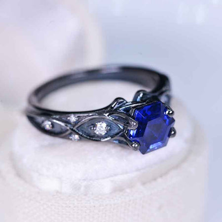 14K Black Gold Hexagon Black Royal Blue Sapphire Celtic Engagement Ring Set