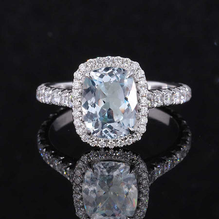 3Ct Cushion Genuine Natural Aquamarine 14K White Engagement Ring, Cushion Halo Engagement Ring