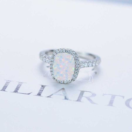 3Ct Cushion Genuine White Opal 14K White Engagement Ring, Cushion Halo Engagement Ring