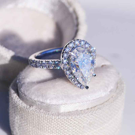 14K Solid White Gold 3 Carat Halo Pear Cut Moissanite Royal Engagement Ring