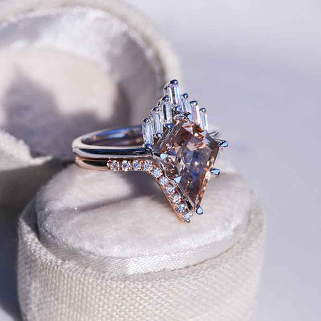 3 Carat Kite Genuine Peach Morganite  Halo 14K Gold  Engagement Ring, Eternity Ring Set