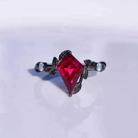 2.5 Carat Kite Ruby Twig Floral Leaf 14K Black Gold Engagement Ring