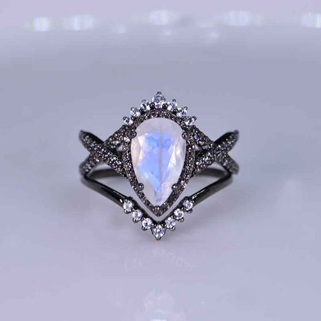 Luxury Natural Moonstone Ring Set, 3ct Pear Cut Moonstone Ring Set, Black Gold Ring Unique Curved Marquise Cut Ring