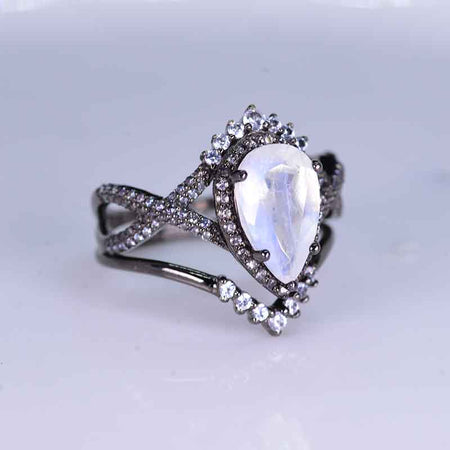 Luxury Natural Moonstone Ring Set, 3ct Pear Cut Moonstone Ring Set, Black Gold Ring Unique Curved Marquise Cut Ring