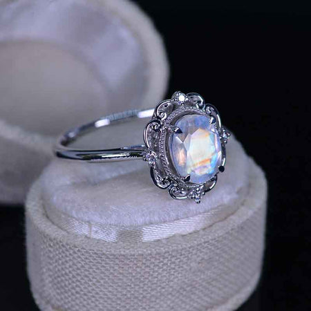 14K Solid Rose Gold Dainty Natural Moonstone Ring, 2ct Oval Cut Moonstone Ring, Rose Gold Ring Unique Oval Halo Vintage Ring.