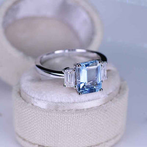 3Ct Emerald cut Aquamarine 14K White Gold Ring, Aquamarine three stone ring, natural aquamarine and moissanite ring, Genuine aquamarine emerald cut ring