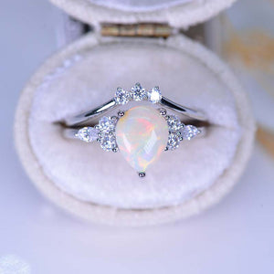 14K White Gold 1.5 Carat Pear Genuine Natural White Opal Engagement Ring. Eternity Ring Set