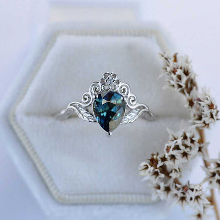 Teal Sapphire Pear Shape Floral Gold Ring