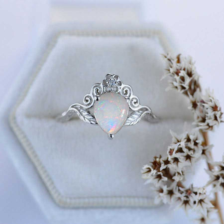 Natural Genuine White Opal Pear Shape Floral Gold Ring