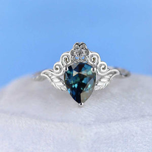 Teal Sapphire Pear Shape Floral Gold Ring