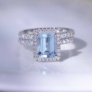 3Ct Aquamarine Engagement Ring Halo Emerald Step Cut Moissanite Engagement Ring, 9x7mm Emerald Cut Aquamarine Engagement Ring with Eternity Band