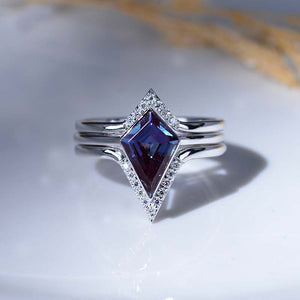 3 Carat Kite Vintage Kite Cut Alexandrite Halo Engagement Ring, Three Rings Set