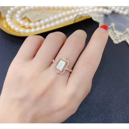 3Ct Emerald Step Cut Halo Genuine White Opal ring. Genuine White Opal ring. Vintage Natural Genuine White Opal Ring